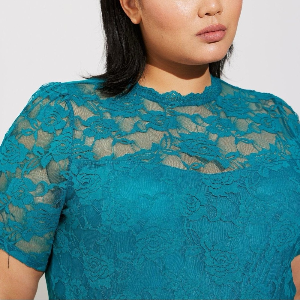 Torrid Teal Stretch Lace Crew Neck Puff Sleeve Top Size 00 - Picture 3 of 12
